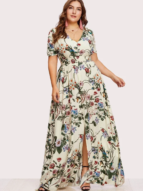 Timeless Elegance Redefined Plus Slit Button Up Front Floral Dress