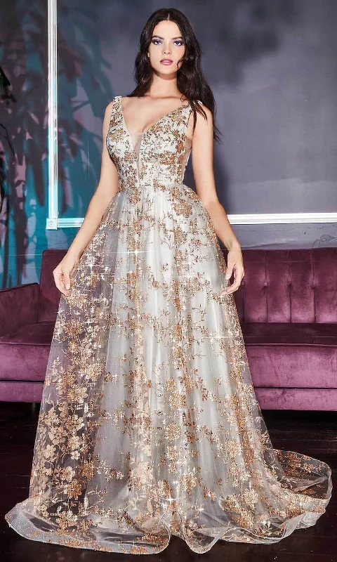 Get The Latest Trends Ladivine CB068 - Metallic Lace V-Neck Prom Gown