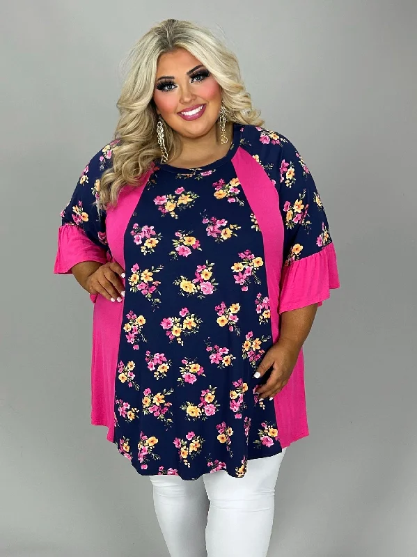 Vintage Fashion 91 CP-J {Darling Curvy}Navy Floral Tunic w/Fuchsia Contrast CURVY BRAND!!! EXTENDED PLUS SIZE 4X 5X 6X (May Size Down 1 Size)