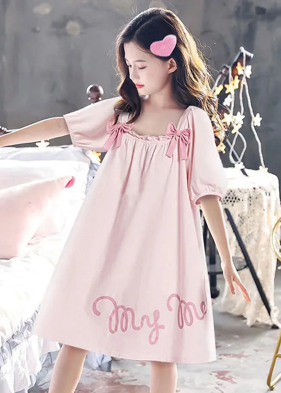 Everyday Fashion Elegant Pink Wrinkled Graphic Bow Cotton Girls Maxi Dress Short Sleeve