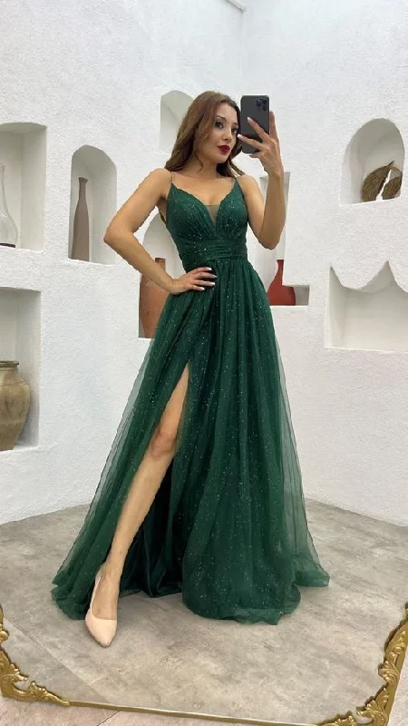 Fashion Sale Emerald Green Glitter Maxi Tulle Prom Dress,Wedding Guest Dress,Wedding Reception Dress Y6329