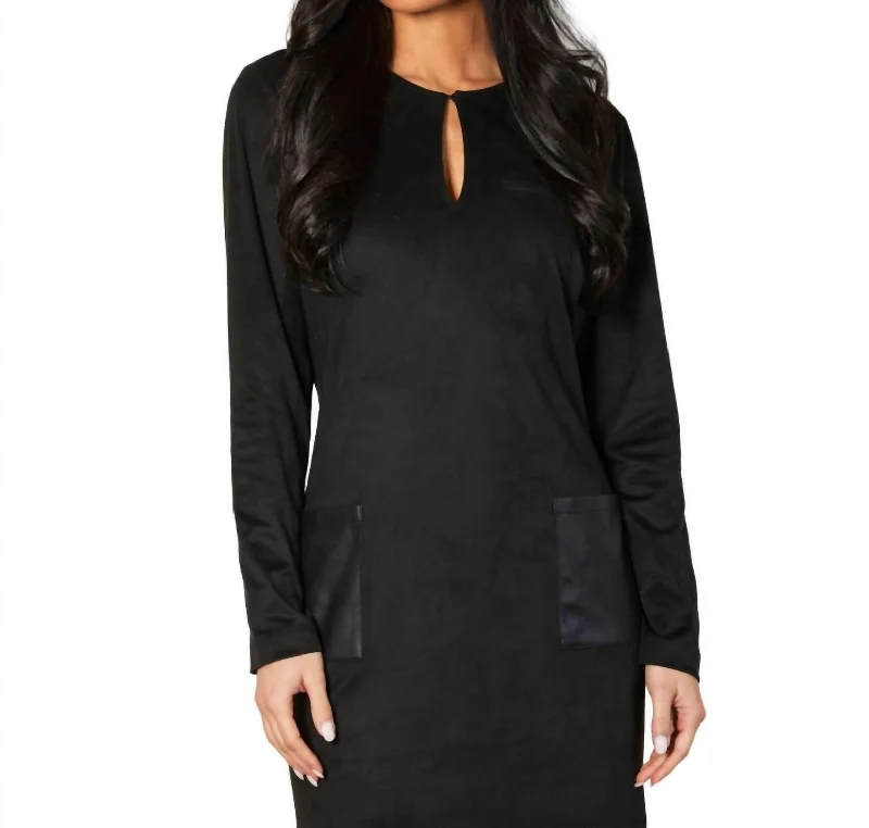 Luxe Layering Vegan Leather/suede Front Pocket Dress In Black