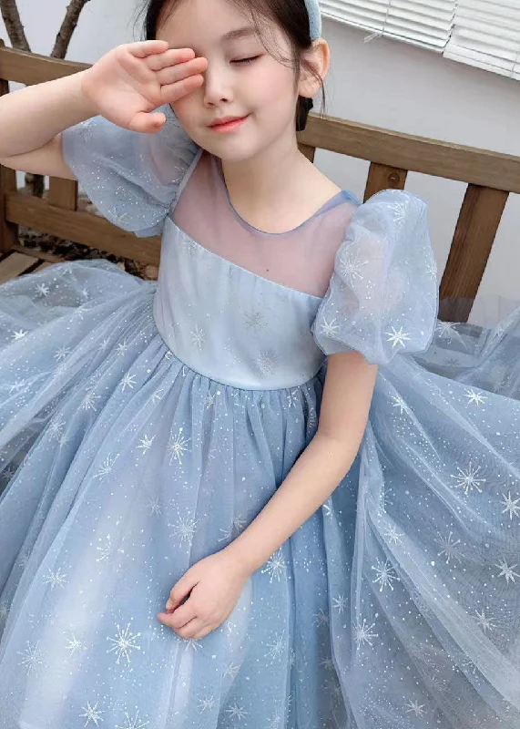 End of Season Sale Handmade Blue Wrinkled Bow Embroideried Tulle Baby Girls Dresses Summer