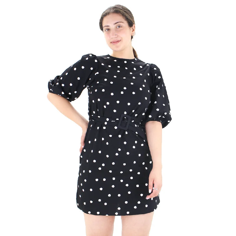 Trend Alert Women's Belted Polka Dots Mini Dress,Black