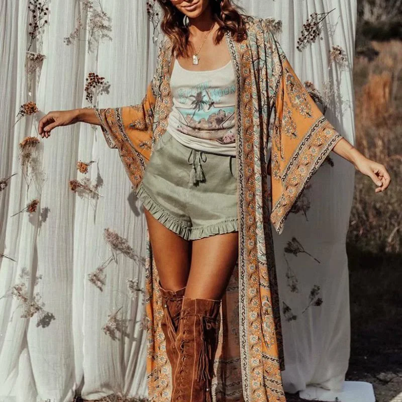 Casual and Comfortable Outfits JuliaFashion-Bohemian Floral Kimono Dress