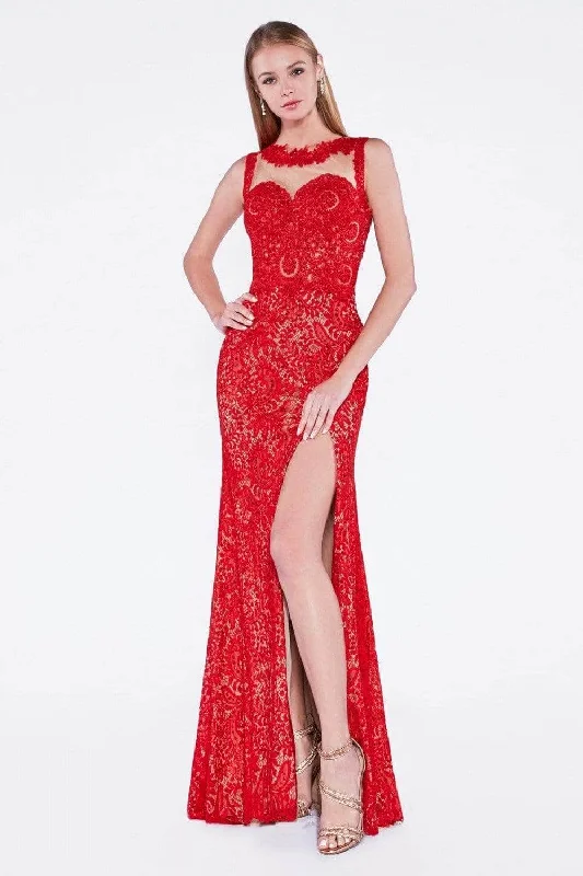 Holiday Gift Guide Sale Ladivine KD016 - Illusion Jewel Neck Lace Evening Gown