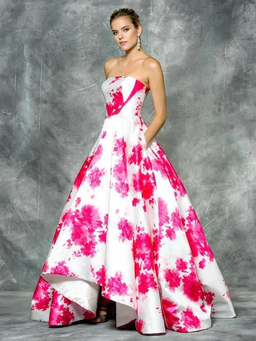 Limited Time Special Offer Colors Dress Strapless Floral Pleated Mikado High Low Dress 1685 - 1 pc Hot Pink & White In Size 10 Available