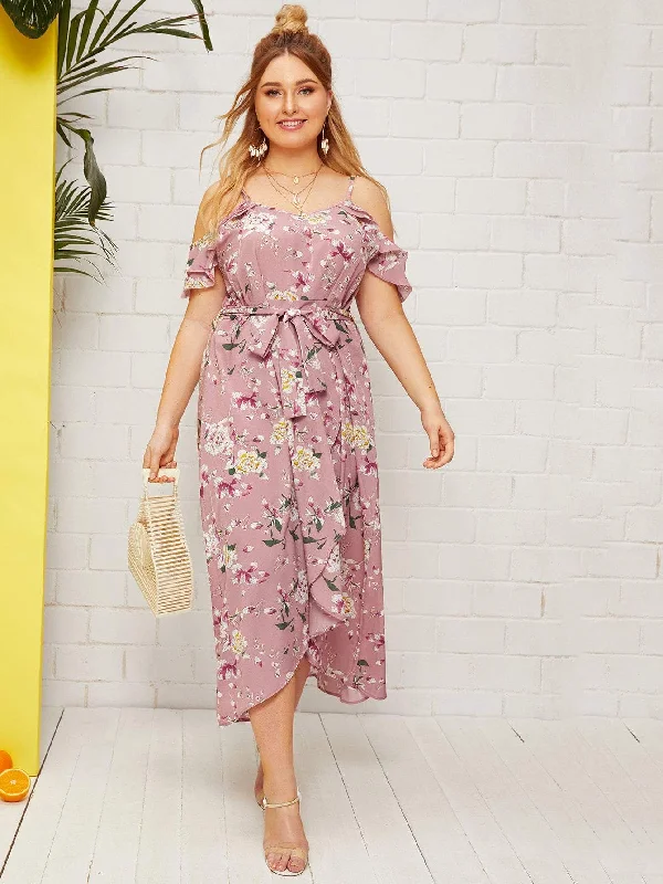 Massive Savings Plus Cold Shoulder Floral Print Tulip Hem Dress