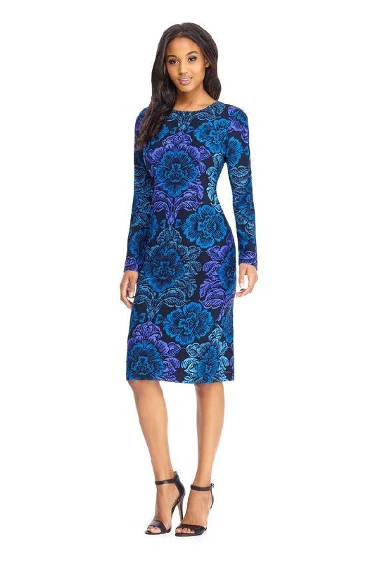 Stylish Deals Maggy London - GSF03M Long Sleeve Floral Print Midi Dress - 1 Pc Navy Blue in Size 4 Available