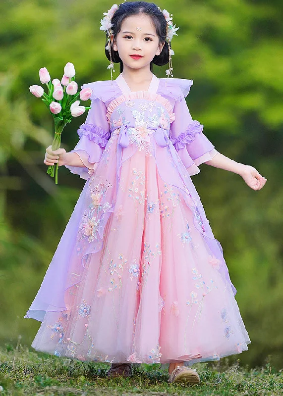 Best Online Women's Boutiques Boho Purple V Neck Patchwork Embroideried Tie Waist Tulle Girls Maxi Dress Half Sleeve