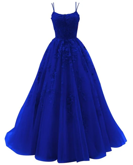 Athleisure Style Sale Royal Blue Spaghetti Strap Prom Dress Ball Gown Lace Appliques Wedding Tulle Long Dress Princess Formal Evening Dress Y1905