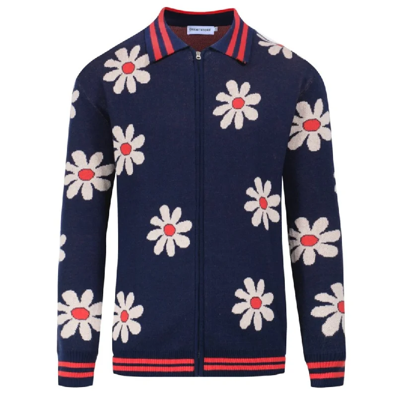 Minimalist Women’s Fashion Clothing Men's dark blue floral jacquard knit cardigan