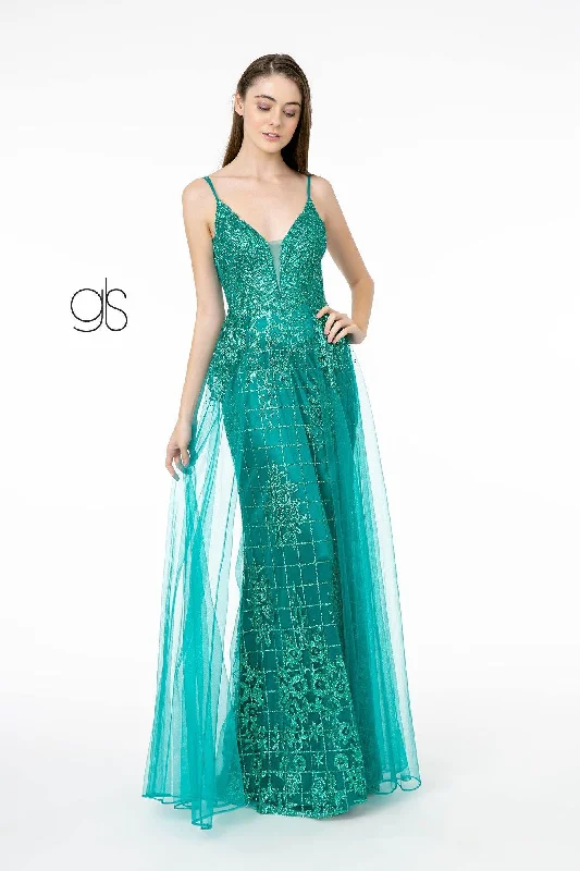 Limited Stock Glitter Mesh Illusion Deep V-Neck Long Prom Dress Sale