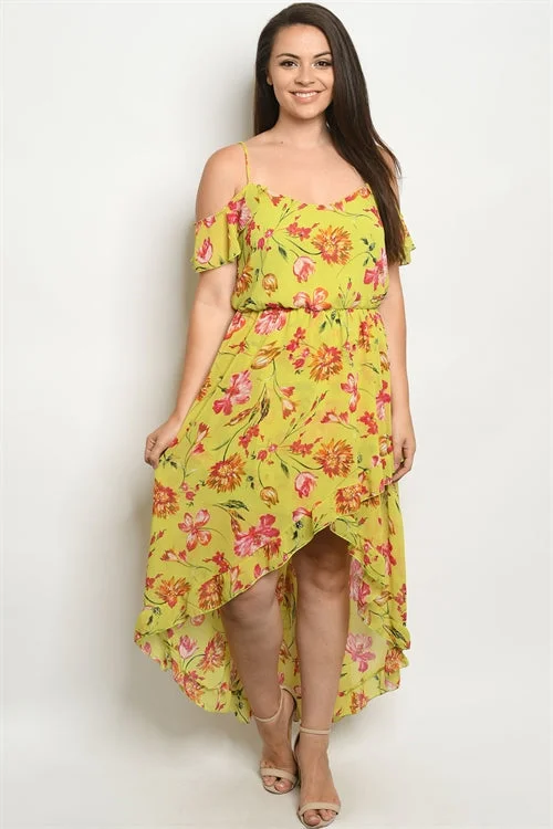 Sophisticated Fashion Lime Yellow Floral Cold Shoulder Plus Size Dress