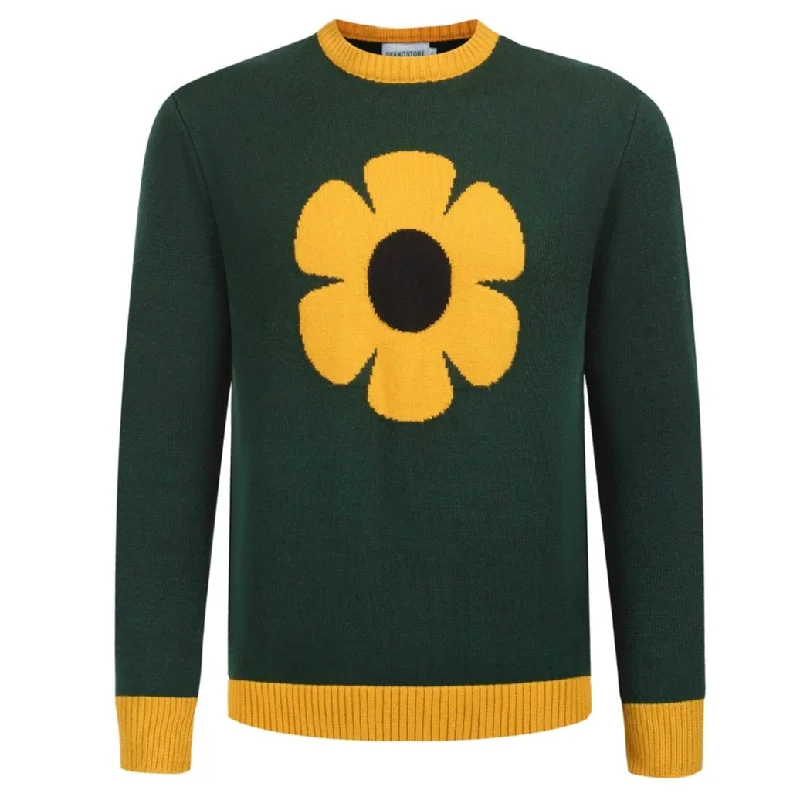 Comfortable Women’s Outfits Men's Green Floral Sweater – Retro Sunflower Design Knit Pullover for Bold, Stylish Looks