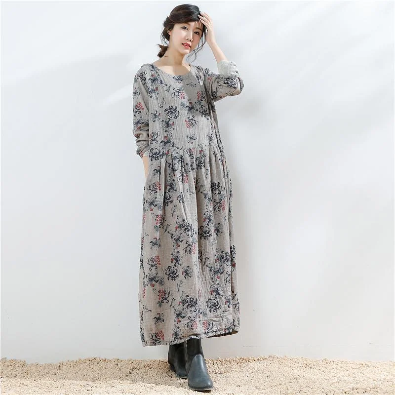 Flash Sales Today Ethnic Style Floral Loose Vintage Linen Dress