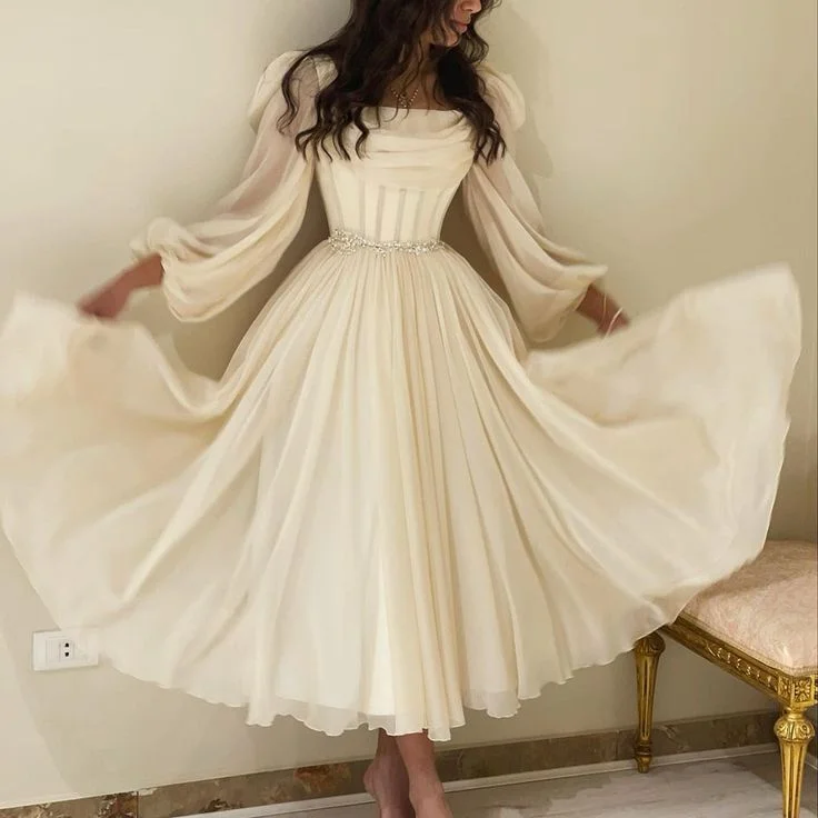 Chic Styles Beige Short Midi Arabic Evening Dress with Belt Long Sleeve Tea Length Women Formal Wedding Party Gowns Y4847