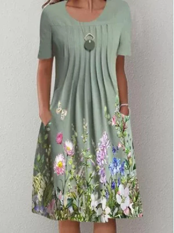 New Arrival Discount Casual Floral Round Neck Mid-length Straight Dress