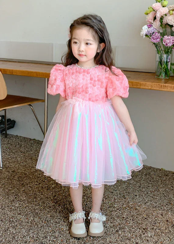 Casual Chic Clothing Cute Pink Wrinkled Nail Bead Patchwork Tulle Baby Girls Dress Short Sleeve