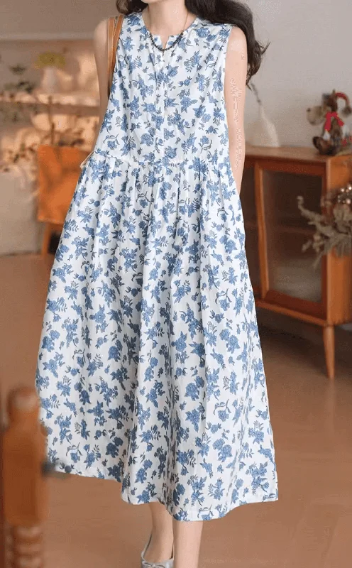 Clearance Sale Online Cotton Floral Printed Sleeveless Loose Blue Dress