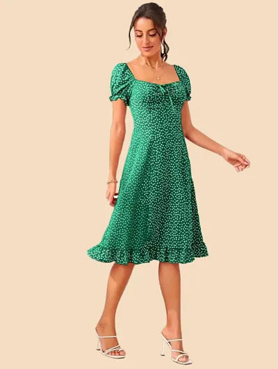 Embrace New Fashion Stylish Green Polyester Printed Fit And Flare Dress For Women