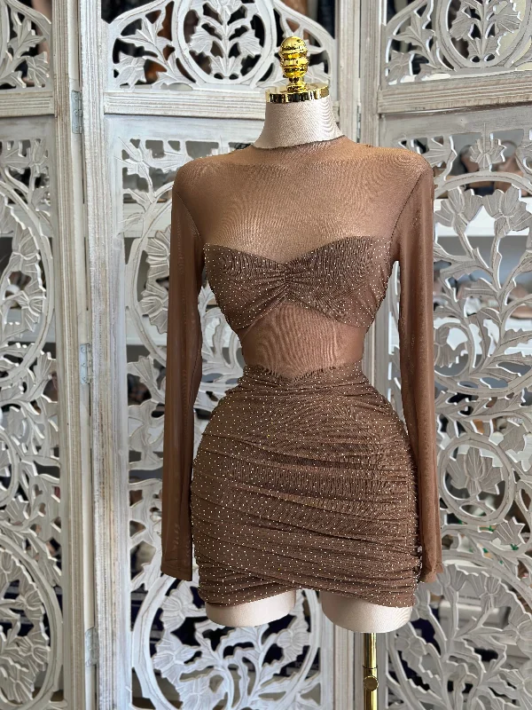 The Latest Fashion Trends Mesh Rhinestone Mini Dress- Stretchy, Estira