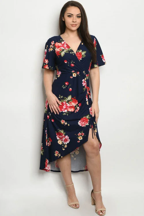 Earthy Tones Navy Blue Floral Plus Size Maxi Dress