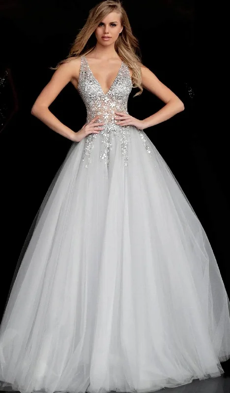 Ride The Style Wave Jovani 65379SC - Plunging Crystal Embellished Ballgown