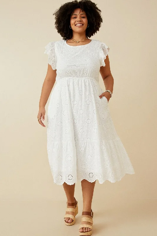 Chic Style, Always In Vogue Bailey Floral Eyelet Midi Dress, Off White | Plus Size