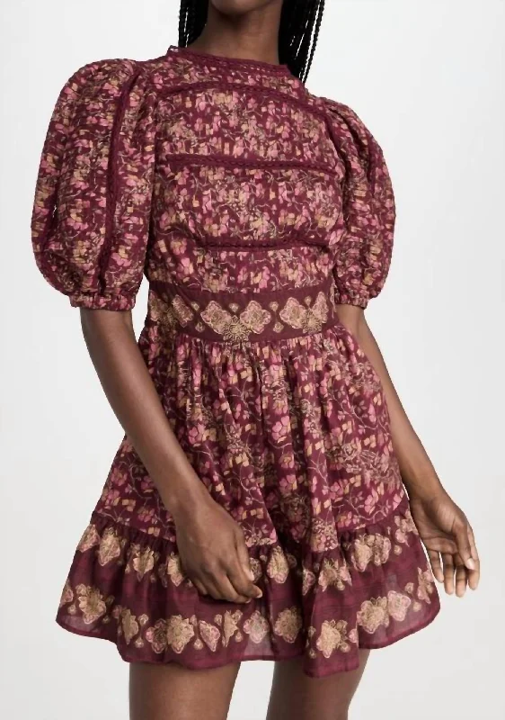 Father's Day Deals Giulia Print Puff Sleeve Pintucked Dress In Maroon