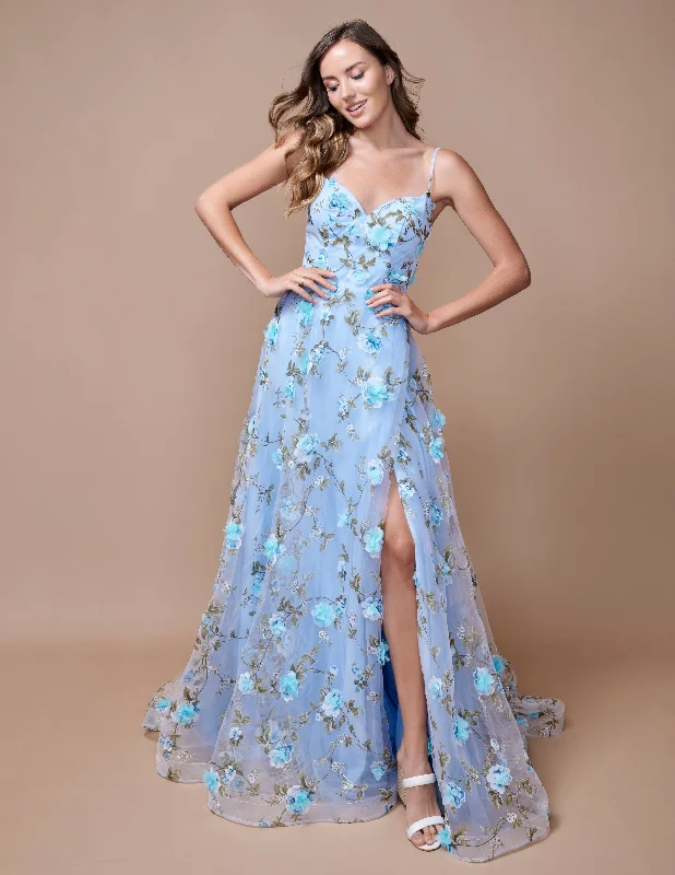 Elevated Casual Discounts Nina Canacci 9150 Size 4, 12 Baby Blue A Line Floral Maxi Slit Prom Dress 3D Formal Gown Print V Neck Evening