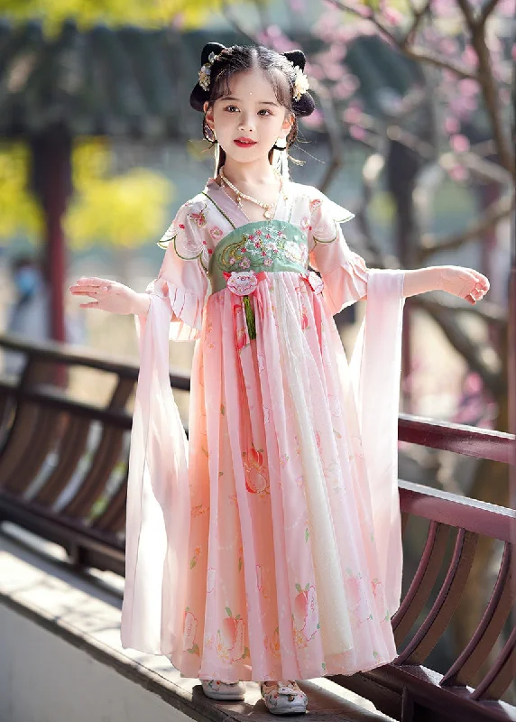 VIP Member Discount Elegant Pink Embroideried Patchwork Tassel Girls Maxi Dresses Flare Sleeve
