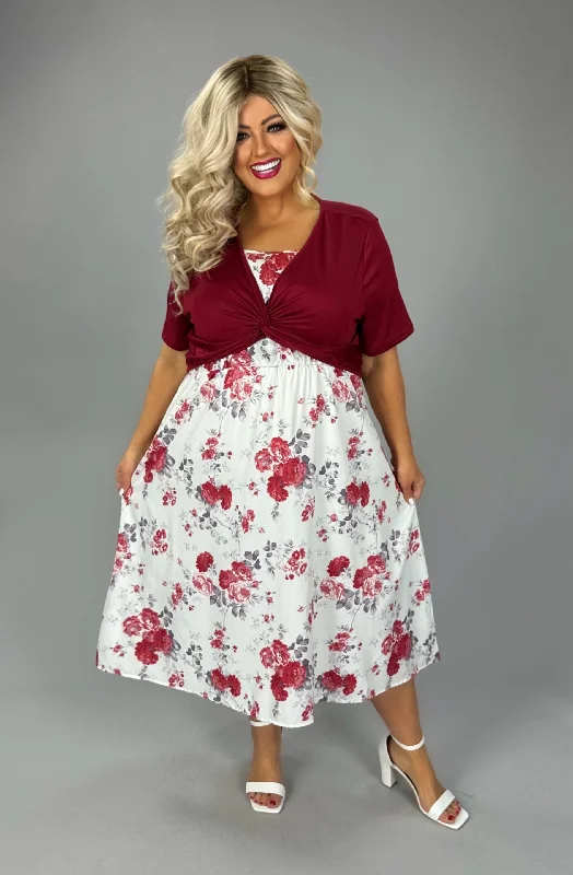Timeless Elegance SET Burgundy/Ivory Floral Dress w/Burgundy Cropped Cardigan