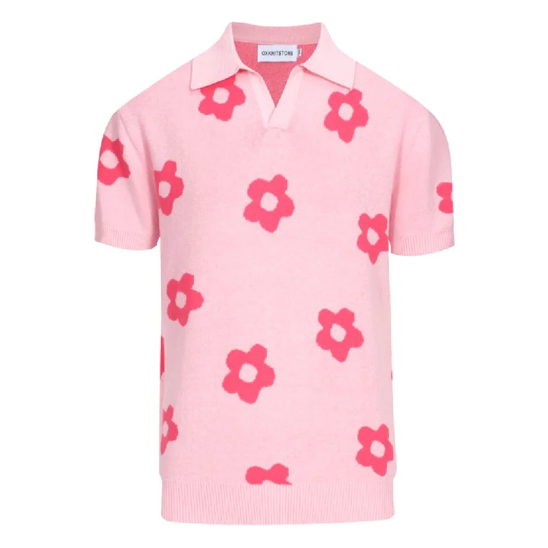 Top Deals Men's pink vintage floral knit polo shirt