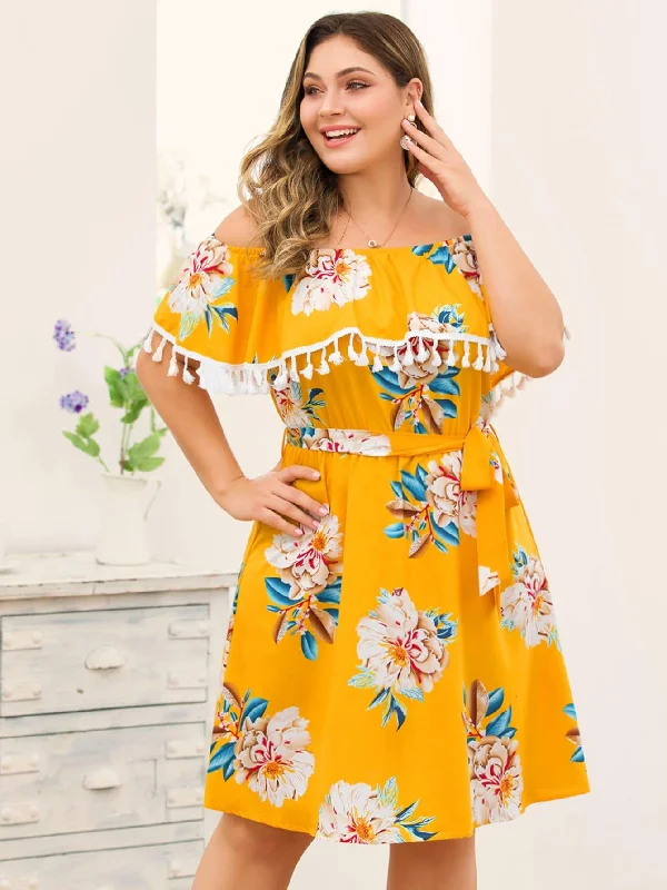 Fall Sale, Prices Drop Plus Floral Print Tassel Trim Belted Bardot Dress