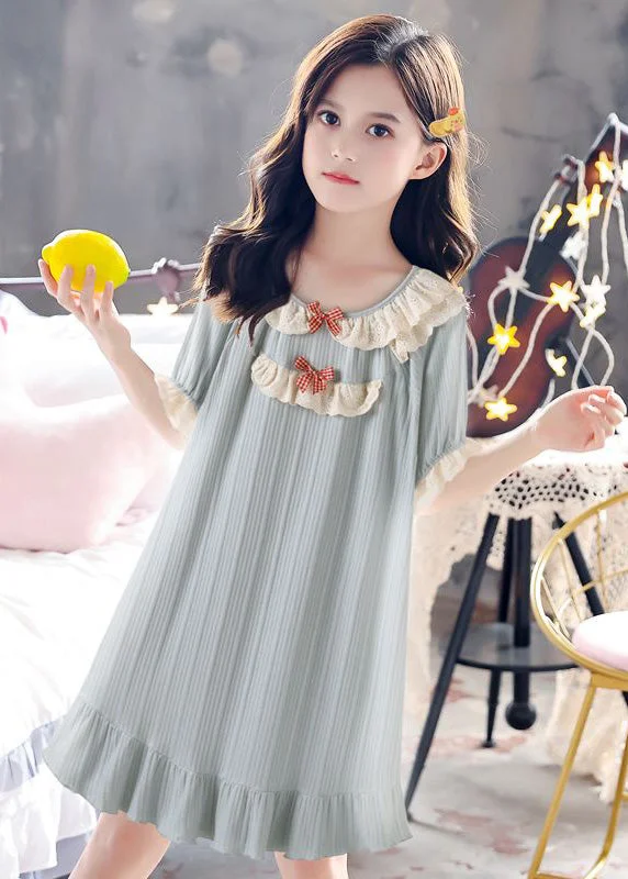 Casual Fashion Boutique Blue O-Neck Striped Bow Patchwork Cotton Girls Long Dress Summer