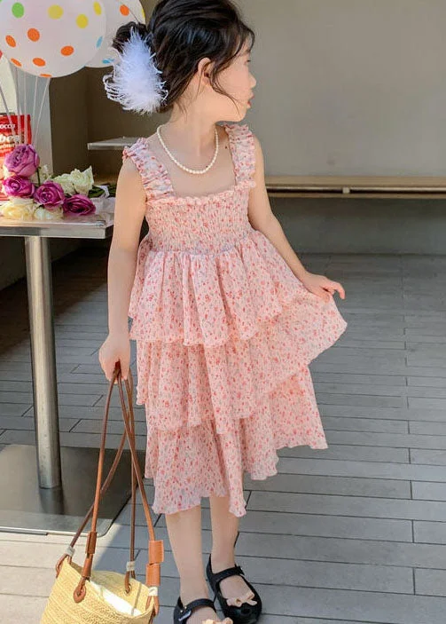 Glamorous Evening Wear Cute Pink Ruffled Layered Patchwork Chiffon Kids Girls Dress Summer