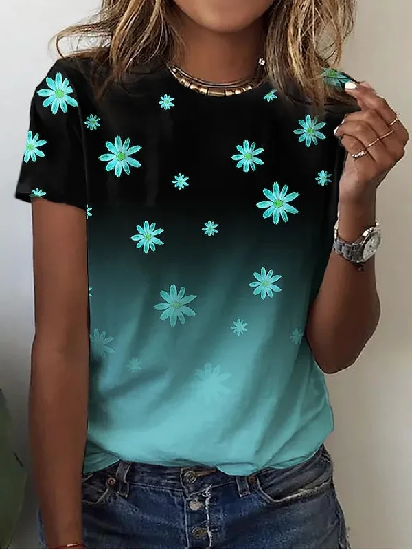 Chic Women’s Clothing JuliaFashion - 2024 Women Summer Casual Holiday Weekend Floral Painting T-Shirt