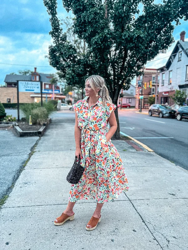 Clearance Event Peachy Floral Collared Button Down Dress