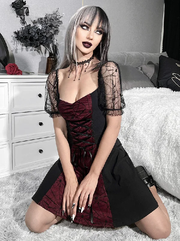 Limited Time Offer Gothic Harajuku Lace Short Sleeve Grunge Patchwork Lolita Strap Mini Dress