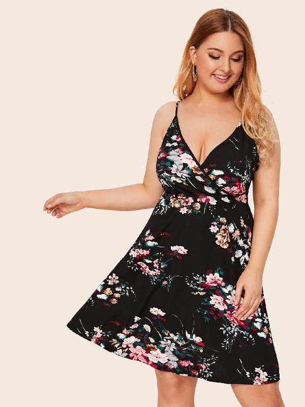 Big Discounts Plus Surplice Neck Floral Print Slip Dress