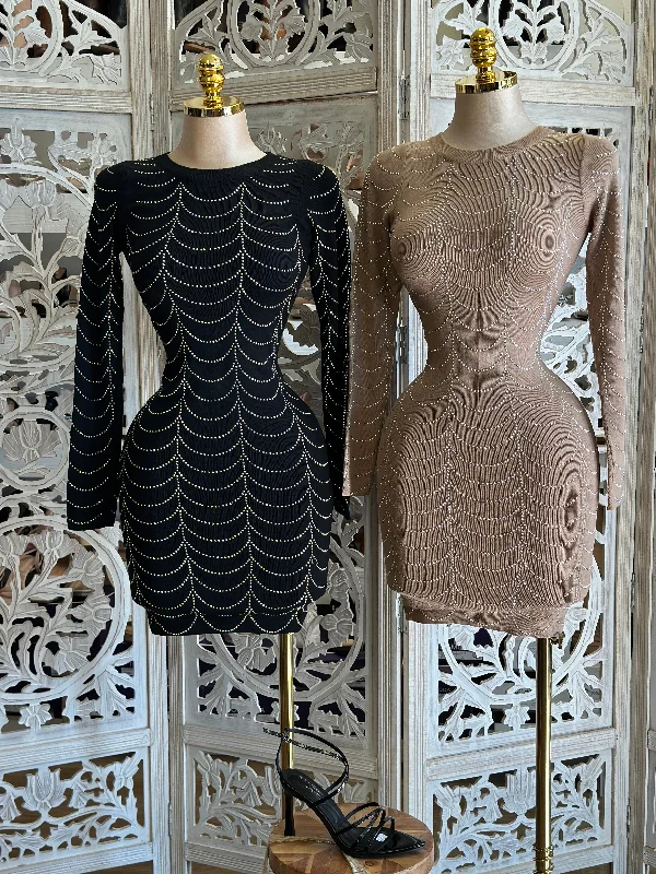 Flash Sale, Don'T Miss Rhinestone Pattern Ribbed Mini Dress- Stretchy,Estira