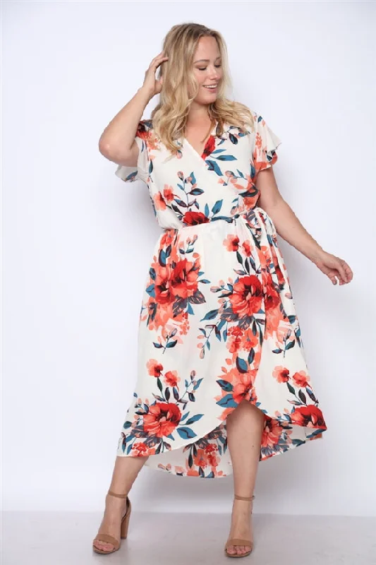 Premium Fashion Coral Pink Floral Print High Low Plus Size Maxi Dress
