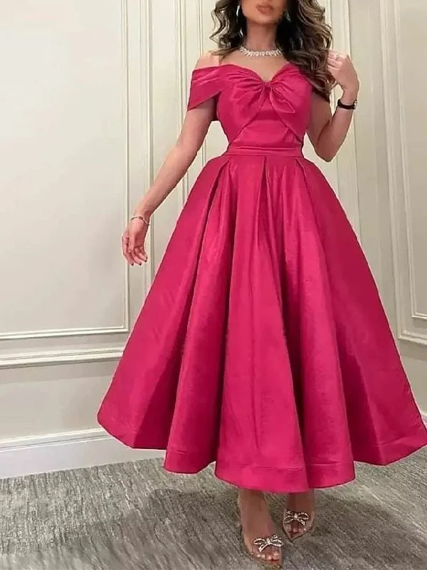 New In This Season A-Line Prom Dress Elegant Wedding Guest Dress Summer Ankle Length Sleeveless Off Shoulder Satin with Pleats Y4973