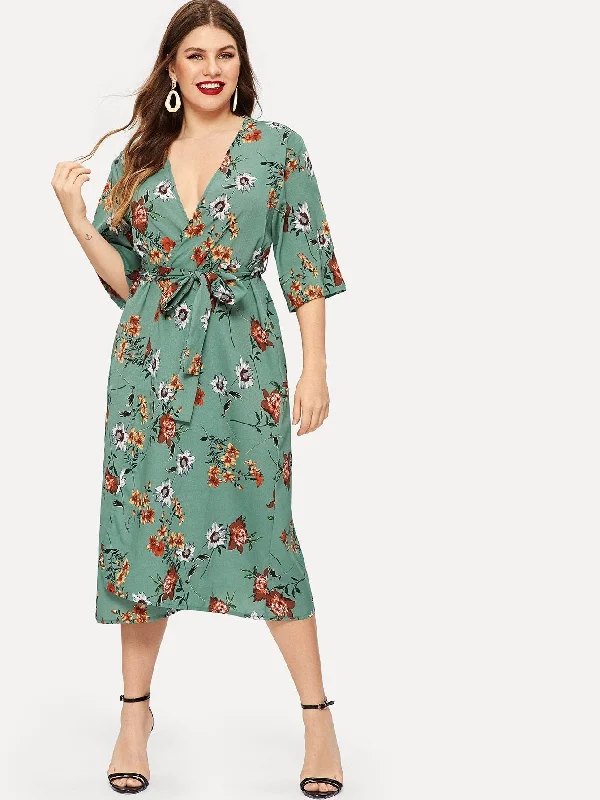 Insane Discount Onslaught Plus Floral Print Self-tie Wrap Chiffon Dress