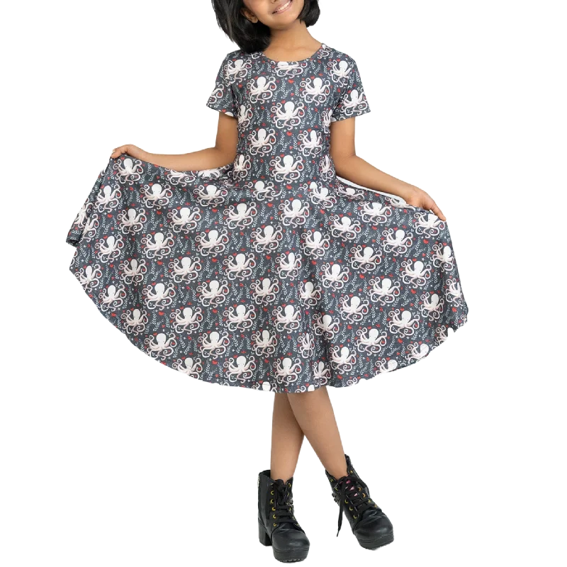 Chic And Trendy Floral Octopus Kids Twirl Dress