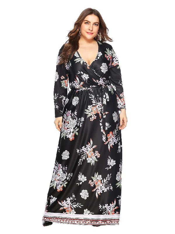Flash Sales KittenAlarm - Plus Allover Floral Print Self Tie Maxi Dress