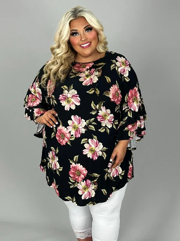 Discount Price 33 PQ {Floral Flair} Black Floral Tunic w/Ruffle Sleeves EXTENDED PLUS SIZE 3X 4X 5X
