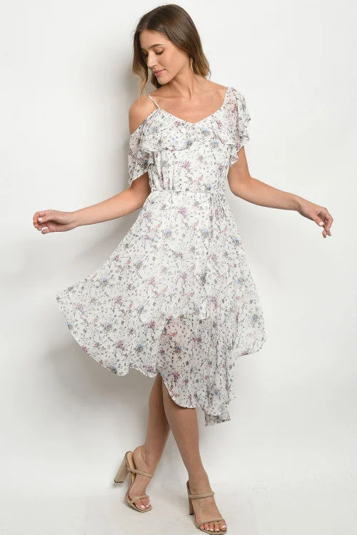 Versatile Outfits White Floral Cold Shoulder Flowy Dress