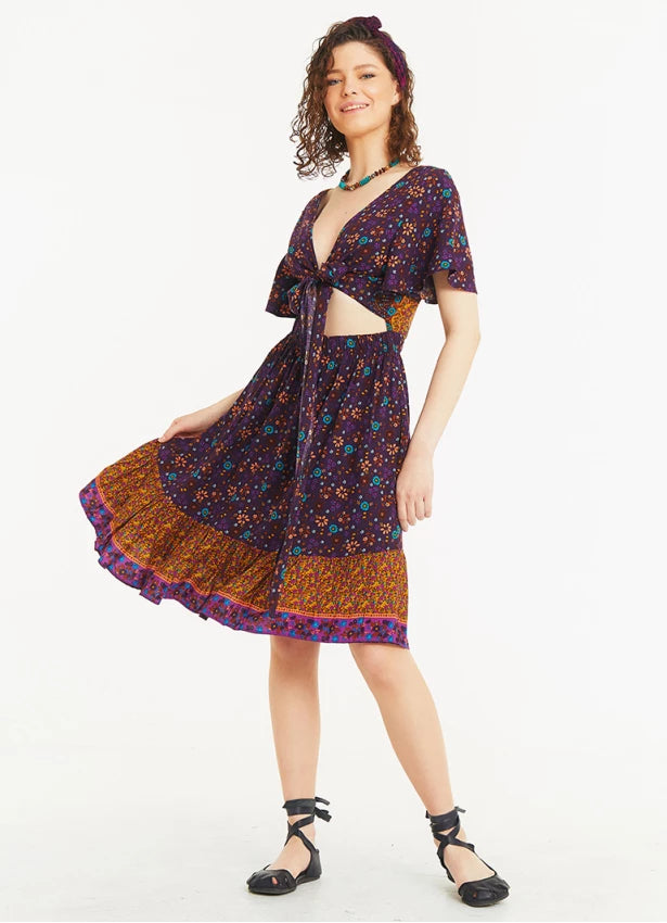 Women Wear Brands Border Hem Detail Tie Front Purple Floral Summer Dress